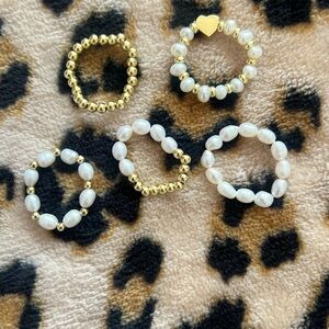Elegant Gold Tone and Pearl Stretchy Beaded Ring Set
